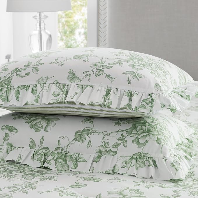 Madison Park Essentials Green Floral Comforter Set with Sheets King,7pc | Vintage, Ruffle Bed in a Bag, Reversible, Elegant Bedding Set, All Season, Machine Washable, Wrinkle Resistant, Ultra Soft