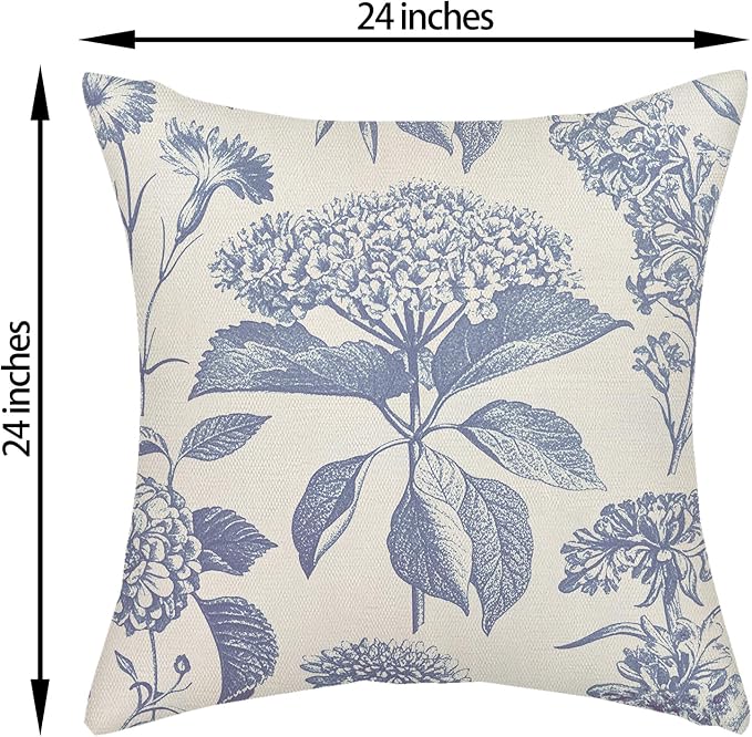 Vintage Blue Pillow Covers 24x24 Inch 2 Pcs Boho Floral Decor Throw Pillows Hydrangea Flower Seasonal Outdoor Farmhouse Neutral Accent Decoration Pillowcase Linen Cushion Cover for Couch
