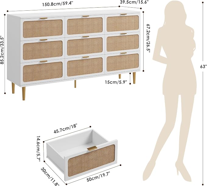 GarveeHome Rattan 9 Drawer Dressers for Bedroom, Deep Drawer, White | Tall Dresser, Wide Top, for Living Room, Hallway, Kids Room, Large Chest of Drawers for Closet, Long Wooden Dresser
