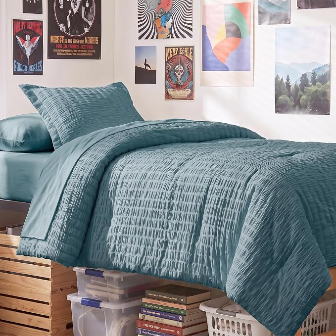 Twin Comforter Set, 5 Pieces Mineral Blue Seersucker Bed in a Bag | OEKO-TEX Certified, All Season Bedding Sets with 240 GSM Down Alternative Comforter, Flat & Fitted Sheets, Pillowcase & Sham