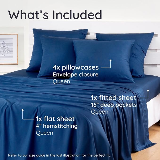 Bambaw Queen Sheet Set 6pcs – 100% Viscose Derived from Bamboo Bed Sheets Queen Size, Breathable Cooling Sheets, Luxury Sheets, Buttery Soft Bed Sheets, Deep Pockets Fits Up to 16'' (Navy Blue)