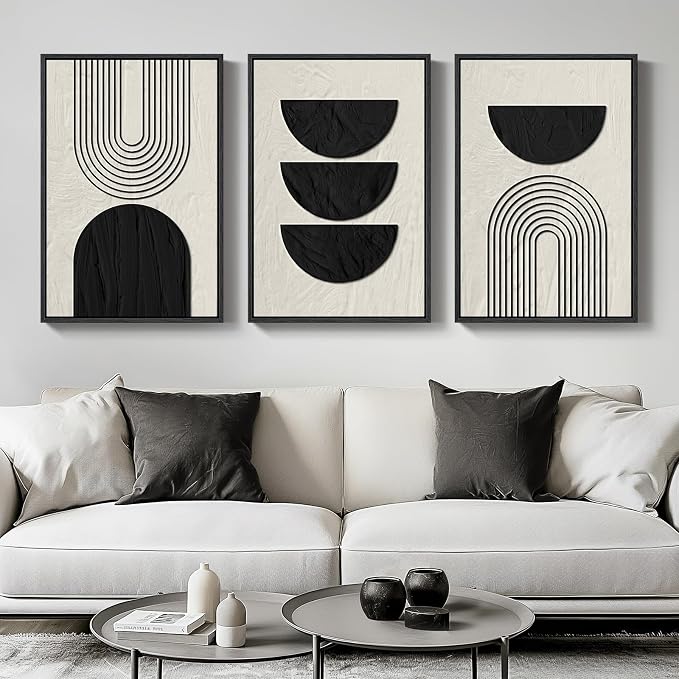 Framed Neutral Black and Beige Abstract Wall Art Set, 3 Piece Canvas Prints | Modern Minimalist Artwork, Geometric Pictures, Neutral Boho Paintings, Living Room Bedroom Home Office Wall Decor 20x30 Inch