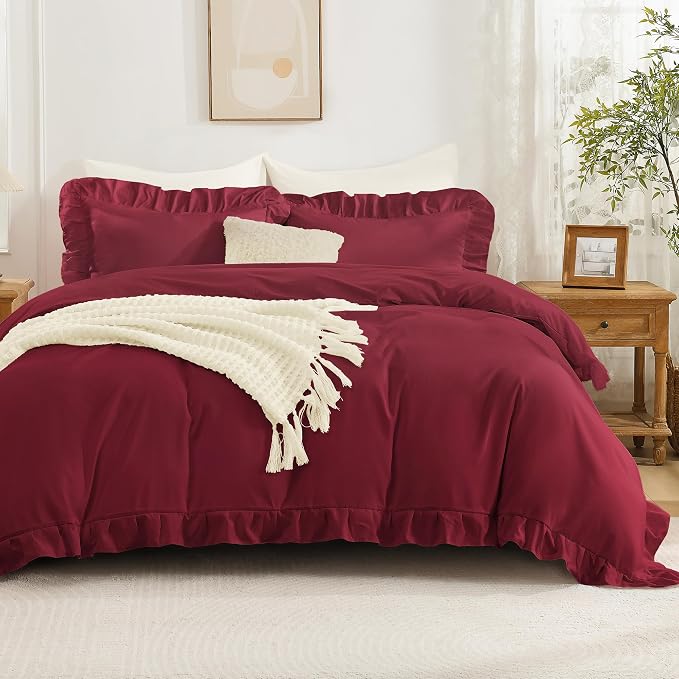 Andency Burgundy Ruffle Duvet Cover King, Shabby Chic Farmhouse Bedding Set | 3 Pieces Soft Washed Polyester Vintage Ruffled Comforter Cover Set with Zipper Closure & Corner Ties, 104x90Inch