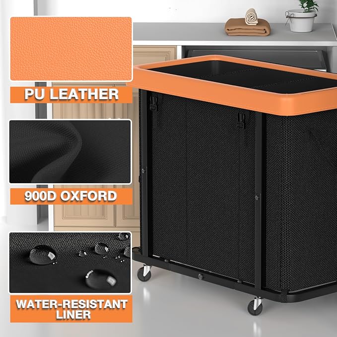 Laundry Basket with Wheels, 230L Leather Patchwork Laundry Sorter 3 Section | Sturdy Metal Frame, Removable Washable Bag, Tall Clothes Sorter for Bedroom - Black