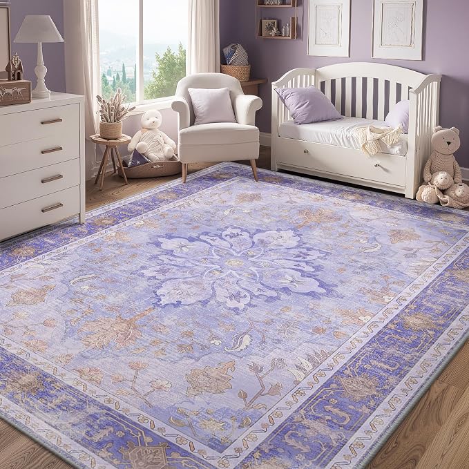 RELEANY Washable Area Rug, 3'x5', Purple | Non-Slip, Water Repellent, Pet Friendly, Easy to Clean, Vintage Floral Boho Decor for Living Room Bedroom Beside Kitchen