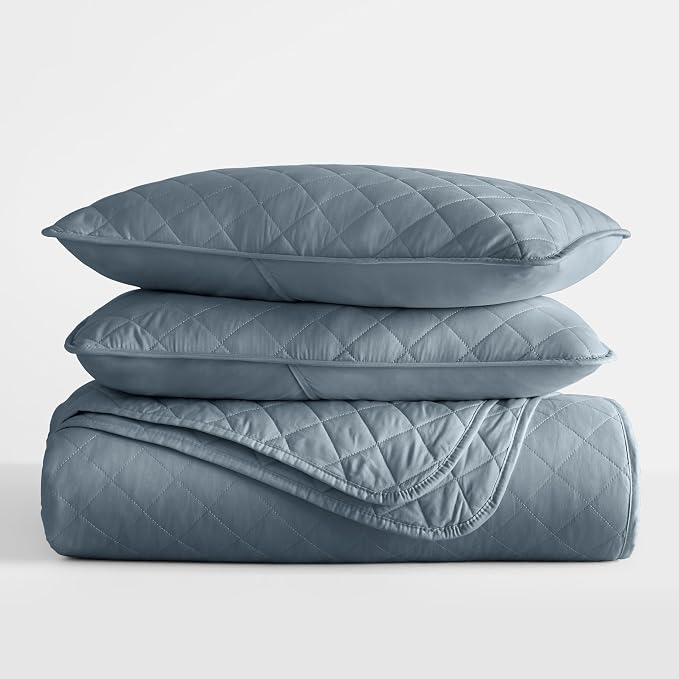 Merit Linens Modern Quilt Coverlet Soft Set in Diamond Stitching - Full/Queen Dusk Blue