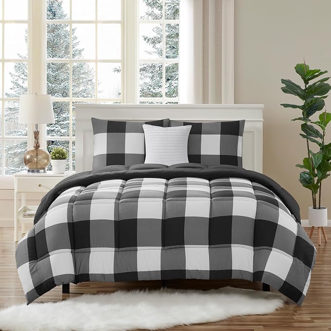 7 Piece Comforter Set Bag Solid Color All Season Soft Down Alternative Blanket & Luxurious Microfiber Bed Sheets, Queen, Buffalo Plaid Black/White