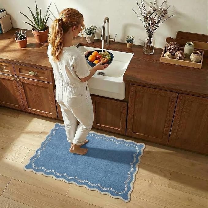 GarveeHome Scalloped Entryway Rug 2x3 Blue Washable Front Door Entry Rug | Indoor Entrance Floral Carpet Non-Slip Low Pile Throw Rugs for Kitchen Floor, Powder Room, Entry, Bathroom, Kids Room