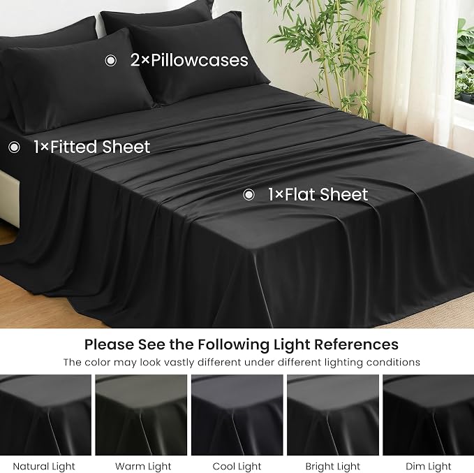 Love's cabin 4 Piece Full Size Sheet Set, 100% Rayon Derived from Bamboo, Cooling & Breathable, Soft Silky Deep Pocket up to 16", Hotel Luxury Bedding for Hot Sleepers, Black