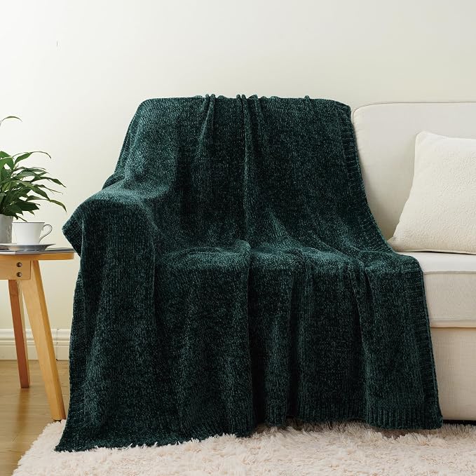 Dark Green Throw Blanket, Chenille Throw Blanket for Couch Bed 51"x67" | Shiny Chenille Blanket, Christmas Green Knit Throw Blanket, Soft Warm Chenille Knitted Blanket for Home Decor