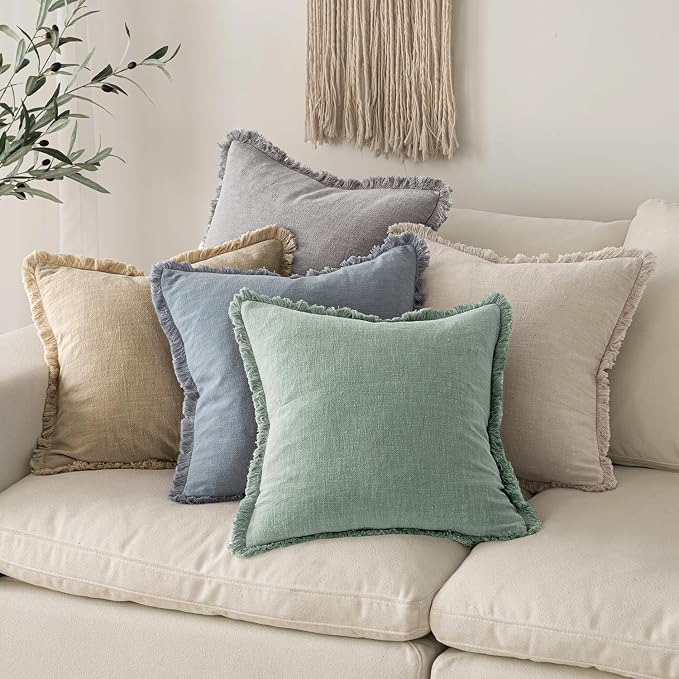 MIULEE Boho Linen Fringe Decorative Throw Pillow Covers Aqua Green 20x20 | Set of 2, Cottagecore Decor, Boho Farmhouse Neutral Pillow Covers, Rustic Couch Cushion Cases for Sofa Bed Living Room