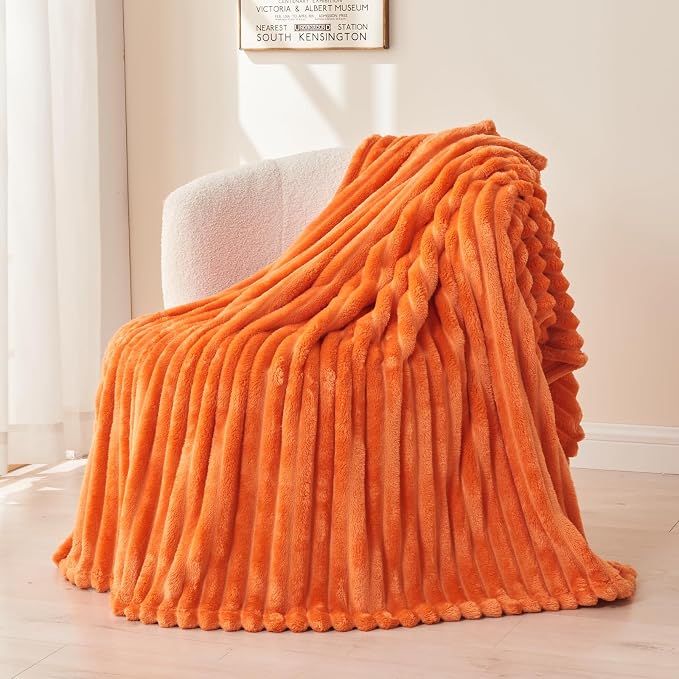 NEWCOSPLAY Fleece Ribbed Cozy King Blanket for Couch, Orange, 90"x110" | Premium Silky Flannel Blanket, Soft Lightweight Fluffy Throw Blanket for Bed Sofa Decor, Gift for All Season Use