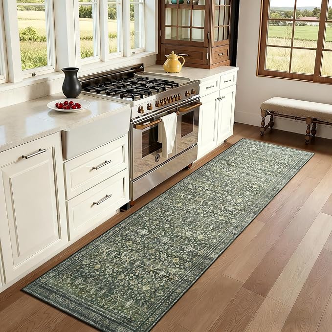 2'6"x10' Area Rugs for Hallways, Green Washable Non-Slip Kitchen Runner Rug | Low Pile Runner Rugs, Soft Carpet for Kitchen Bathroom Bedroom Laundry, Stain Resistant Foldable Vintage Distressed Rug