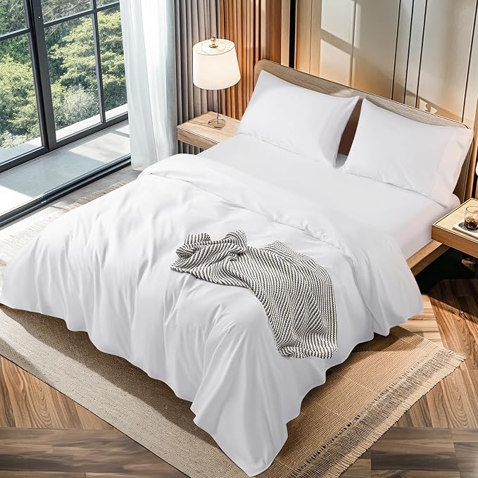 LBRO2M 100% Egyptian Cotton Sheets 1200 TC, Deep Pocket 16", 4Pcs, Queen | Long Staple Cotton Bed Sheets, Extra Soft and Breathable Sheets, Cozy for All Seasons, White