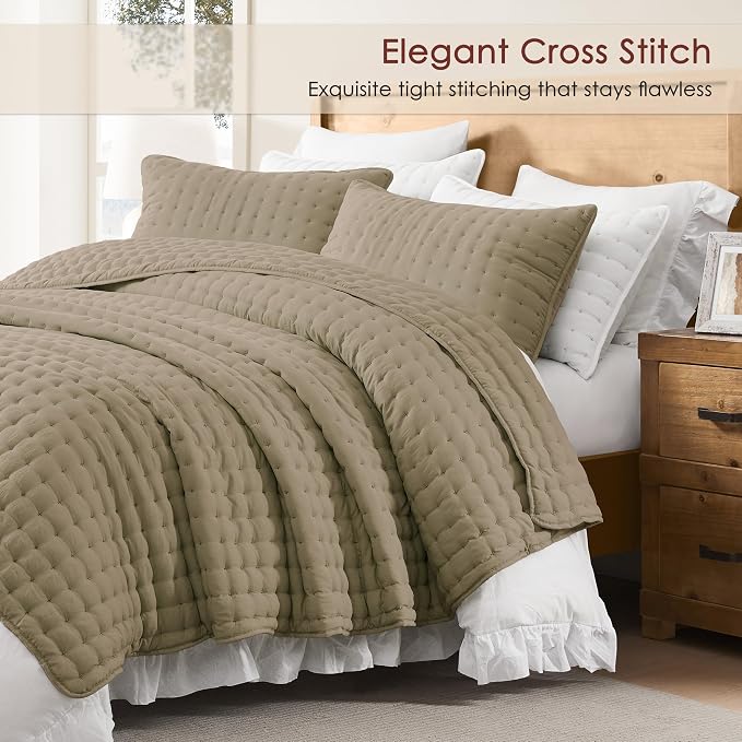 WDCOZY California Oversized Cal King Size Quilt Bedding Sets with 2 Pillow Shams, Lightweight Soft Bedspread Coverlet Bed Cover for All Season, 3 Pieces, 116x106 inches, Taupe