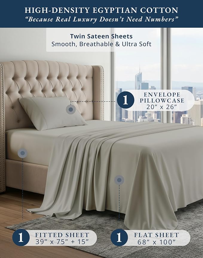 LANE LINEN Twin Size Bed Sheets 100% Egyptian Cotton Sateen - Silver | Twin Bed Sheet Set - 3-Piece Set, Ideal For Dorms And Guest Beds, For Guests And Everyday Use, Guest-Ready Comfort