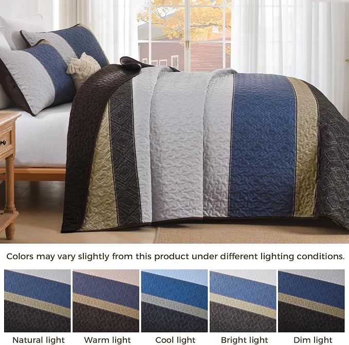 Cottolester Quilts Queen Size,Brown Blue Striped Bedspread Coverlet Set | Modern Striped plaid Pattern Design,Ultra Soft Lightweight Microfiber Quilted Bedding Sets for All Seasons 110"x90"