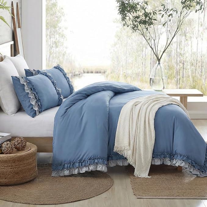 Blue Ruffle Duvet Cover Set Shabby Chic Boho Bedding King Elegant Lace Fringe Ruffled Bedding Super Soft Lightweight All Season Duvet Cover with Pillowcases