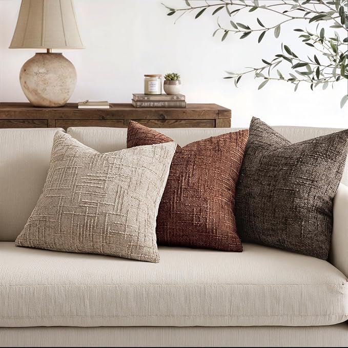 MIULEE Chenille Textured Euro Throw Pillow Covers Oatmeal 22x22 Set of 2 | Slubby Decorative Pillows, Boho Farmhouse Home Decor, Modern Neutral Cushion Covers for Couch Sofa Bed Living Room