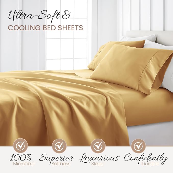 Linen Market Bed Sheets for California King Size Bed (Gold) - Sleep Better Than Ever with These Soft and Cooling California King Sheets - Deep Pocket Fits 16" Thick Beds - 4 Piece Cal King Sheet Set