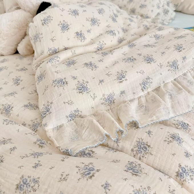 Cottage Chic Ruffled Duvet Cover Full, Blue Floral Quilt Cover 79"x90", 1 PC, Soft Muslin Cotton Comforter Cover Farmhouse Bedding Duvet Cover, No Comforter Insert/Pillowcase