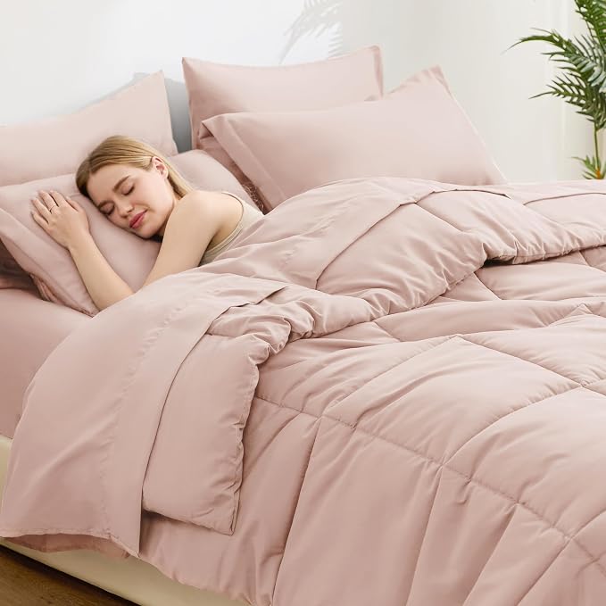 Love's cabin Full Comforter Set Blush Pink, 7 Pieces Full Bed in a Bag, All Season Bedding Sets with 1 Comforter, 1 Flat Sheet, 1 Fitted Sheet, 2 Pillowcase and 2 Pillow Sham