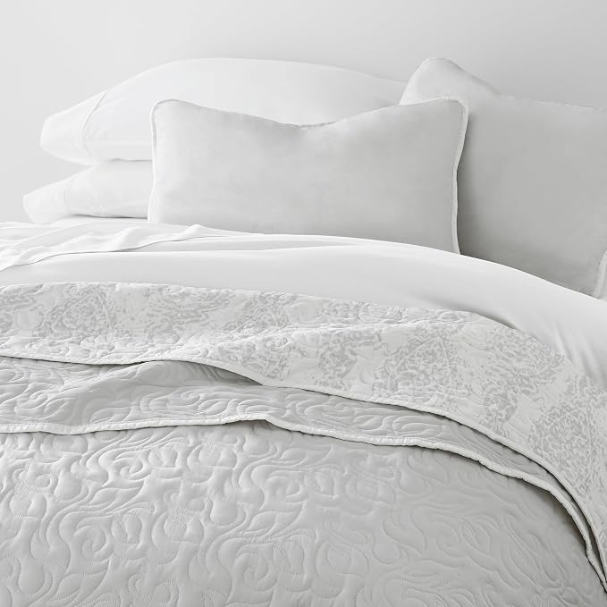 Merit Linens Soft Quilt Coverlet Bedding Set - Pattern/Solid Reversible - King/Cal-King Light Gray
