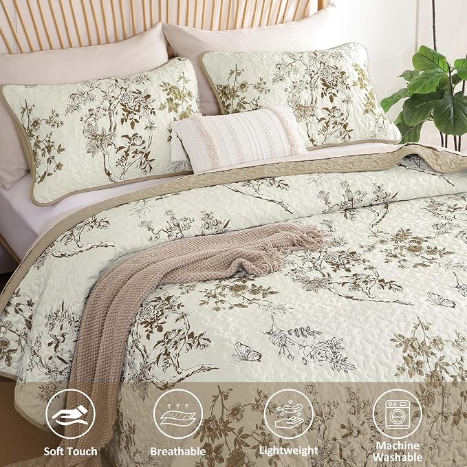 WONGS BEDDING Floral Quilt Set Full,3 Pcs Brown Bedspreads Coverlets Set | Spring Summer Floral Farmhouse Bedspread with 2 Shams,Soft Microfiber Lightweight Coverlet for All Season 78"×90"