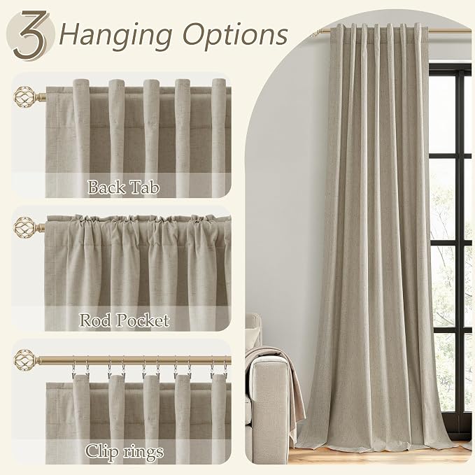 Extra Long 100% Blackout Linen Curtains for Bedroom 108 inches Long 9 FT, Thermal Insulated Room Darkening Black Out Window Drapes for Living Room, Back Tab Rod Pocket 2 Panels Set,Stone Beige,52x108