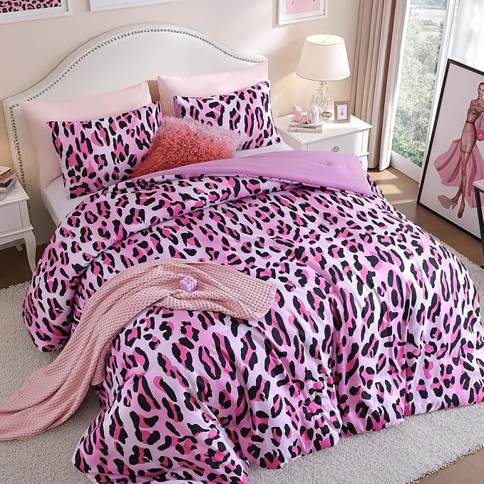 Cheetah Print Comforter Set Full Size, Luxury Leopard Print Bedding, Pink | Soft Microfiber Animal Bedding Set with 2 Breathable Pillowcases, Faux Fur Texture, for an All-Season Comforter