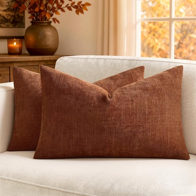 MIULEE 12x20 Inch Lumbar Textured Chenille Fall Pillow Covers Dark Rust | Pack of 2 Fall Decorative Soft Throw Pillows, Solid Cushion Covers, Modern Home Decor for Couch Sofa Bedroom Living Room