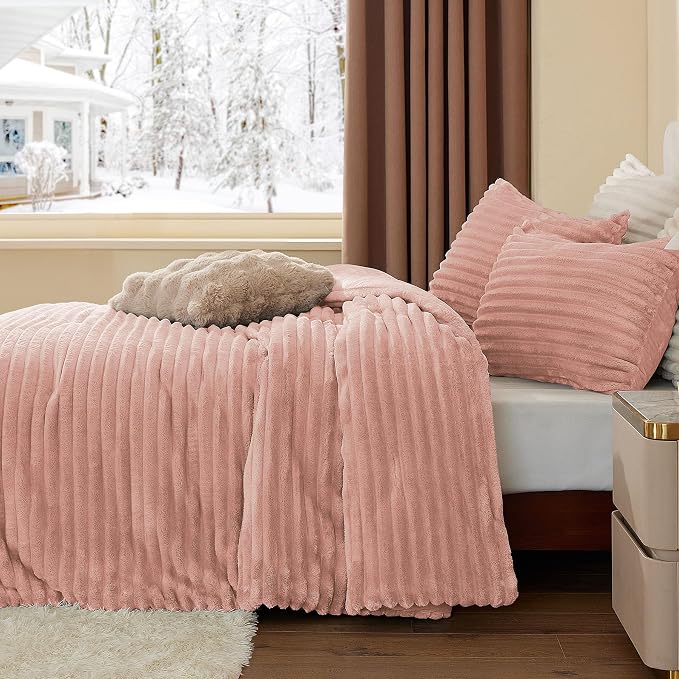 BEDELITE Fleece Queen Comforter Set, Fluffy Bed Set, Dusty Pink | Super Soft & Warm Bedding, Luxury Fuzzy Faux Fur Comforter for Winter, Heavy Plush Bedding, with 2 Pillowcases