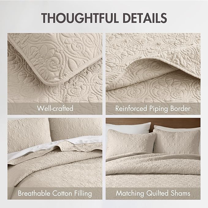 Madison Park Quebec Full Size Quilt Bedding Set - Ivory , Damask – 3 Piece Bedding Quilt Coverlets – Ultra Soft Microfiber Bed Quilts Quilted Coverlet | All Season Quilted Coverlet, Classic Stitch Pattern Bedspread & Shams, Ultra Soft Microfiber Bedspr...