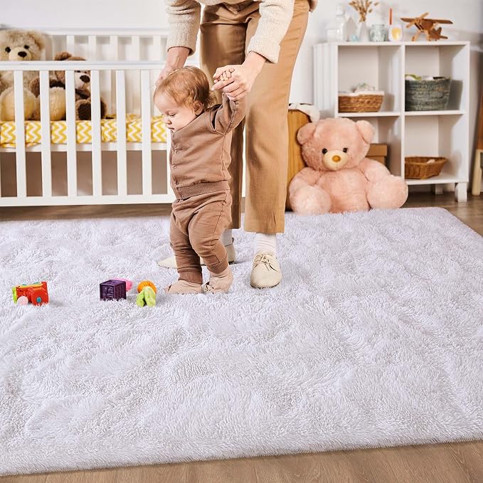 Soft Modern Indoor Large Shaggy Rug for Livingroom Bedroom Dorm Kids Room Home Decor, Non-Slip Plush Fluffy Furry Fur Area Rugs Comfy Nursery Accent Floor Carpet 9x12 Feet, White