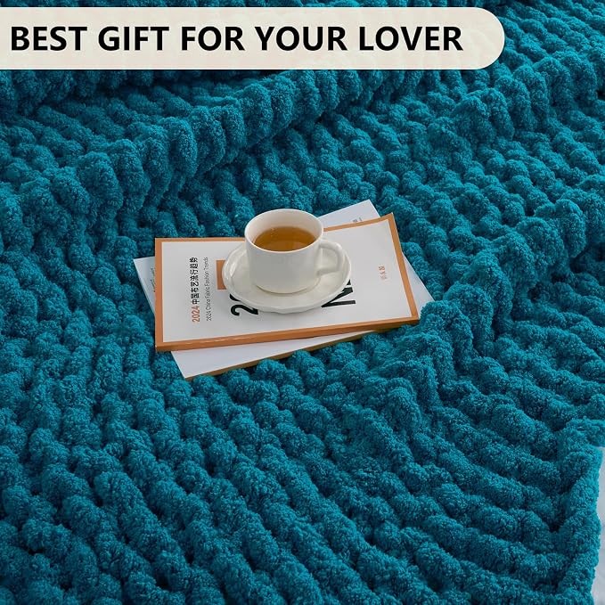 L'AGRATY Chunky Knit Throw Blanket for Couch, 50'' x 60'' Knit Throw, Teal | Handmade Chenille Crochet Blanket for Sofa Bed, Thick Cable Knitted Blankets for Room Home Decor, Birthday Gift for Women Mom