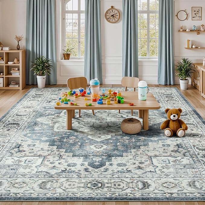 9x12 Area Rug for Living Room,Large Washable Carpet Blue Grey/Beige | Soft Non Slip Backing, Durable Stain Resistant,Compatible with All Vacuums,Kid & Pet Friendly ,for Dining Room Home Office