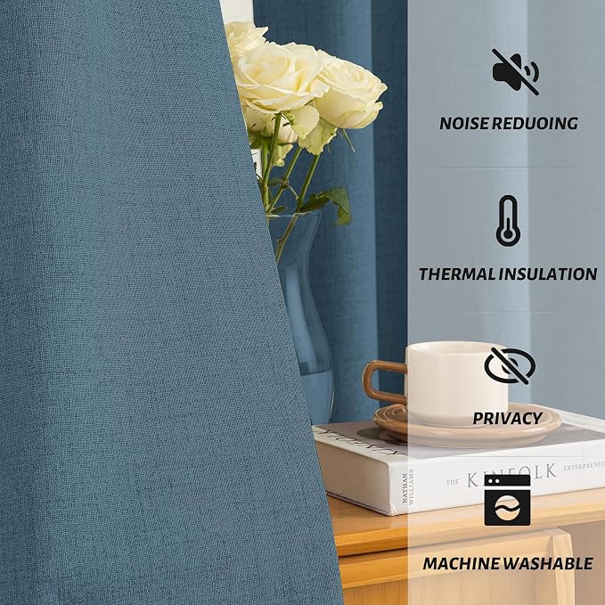 Yakamok Dusty Blue Linen Textured Curtains 84 Inches Long for Living Room | 100% Blackout Curtains,Room Darkening Curtains,Thermal Grommet Bedroom Curtain 2 Panels with Greyish White Liner,52W x 84L