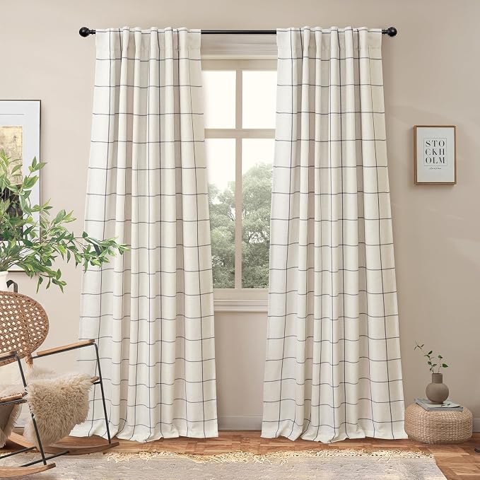 DriftAway 100% Blackout Plaid Linen Curtains 84 Inches Long 2 Panels Black | 100% Blackout, Linen Texture, Plaid Pattern, Two Layers, Rod Pocket & Back Tab, Bedroom Living Room Use, Luxury Appearance