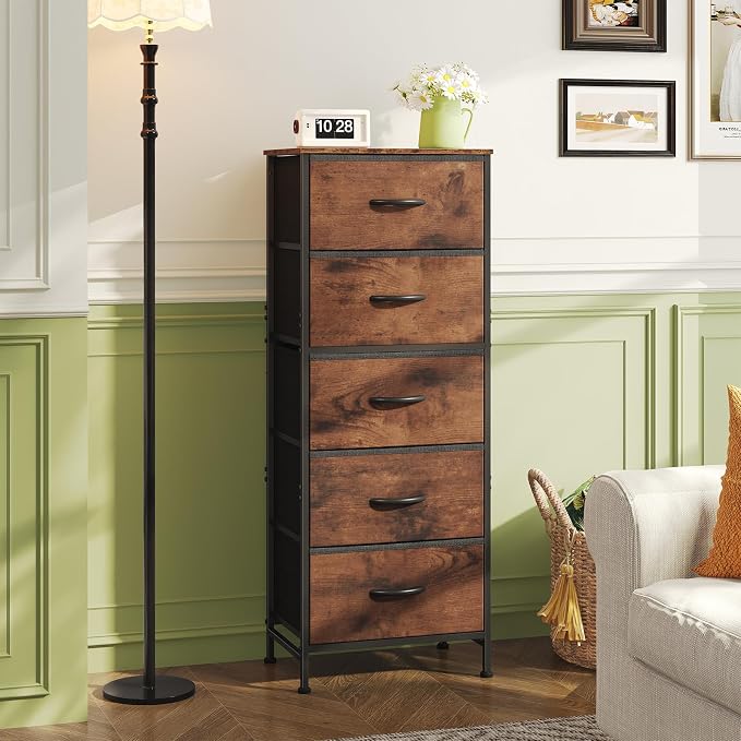 DUMOS Nightstand with 5 Fabric Drawers, Skinny Dresser | Night Stand Bedside Table, Removable Bins, Sturdy Steel Frame Wood Top, Storage Tower for Bedroom Closet, Rustic Brown