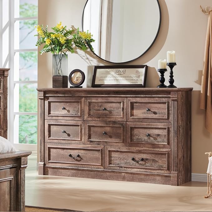 Aitjunz Farmhouse 61" Wide 8 Drawers Dresser for Bedroom, Light Brown | Chests of Drawers w/Roman Column, Large Storage Dressers Organizer w/2 Different Drawer Sizes for Bedroom,Living Room