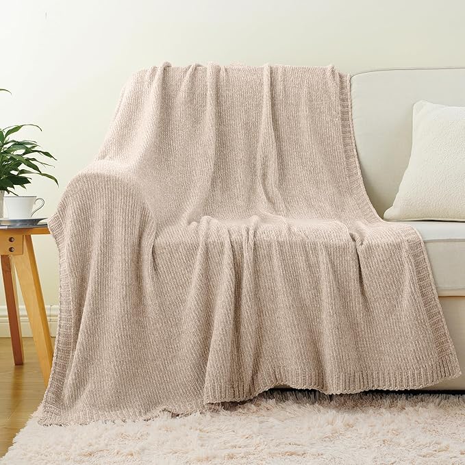 Beige Throw Blanket for Couch, Soft Chenille Throw Blanket 51"x67" | Shiny Oatmeal Chenille Blanket, Breathable & Midweight Knit Throw Blanket, Neutral Throw for Bed Sofa Home Decor