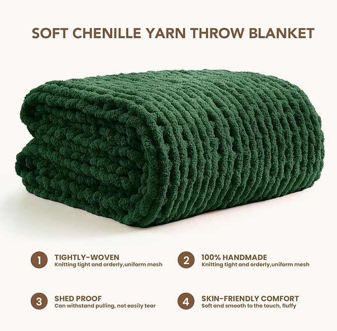 L'AGRATY Chunky Knit Throw Blanket for Couch, 50 x 70 Inches, Olive Green | Handmade Chenille Crochet Blanket for Sofa Bed, Thick Cable Knitted Blankets for Room Home Decor, Birthday Gift for Women Mom