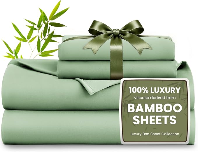 Love's cabin 4 Piece Full Size Sheet Set, 100% Rayon Derived from Bamboo, Cooling & Breathable, Soft Silky Deep Pocket up to 16", Hotel Luxury Bedding for Hot Sleepers, Sage Green