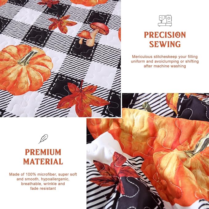 Fall Patchwork Quilt Set Queen Size, Pumpkin Maple Leaves Plaid Bedding Set | Thanksgiving Themed Bedspread with Black White Checkered Pattern, Soft Coverlet with 2 Pillowcases Autumn Home Decor Gift
