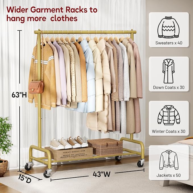 SLEEPING LAMB Heavy Duty Clothes Racks for Hanging Clothing Rack, 43" Wide Rolling Garment Rack Metal Wardrobe Rack with Wheels Closet Hanger Rack for Coats, Shirts, Dress (Gold)