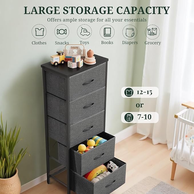 5 Drawers Dresser for Bedroom Fabric Storage Tower with Wooden Top | Steel Frame Tall Chest of Drawers for Closet, Entryway, Dorm, Gray