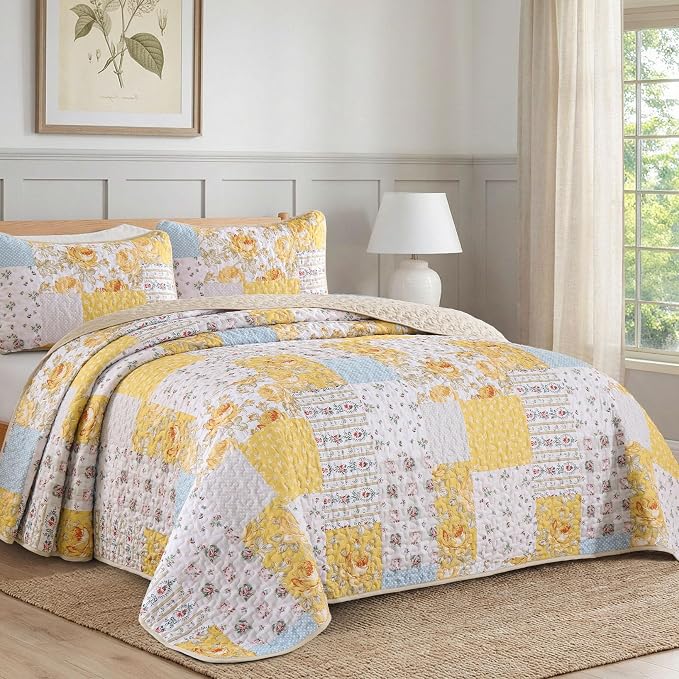 Yellow Patchwork Quilt Set King Size, Rose Floral Plaid Bedspread | 3 Pcs Country Flower Coverlet Set, Soft Lighweight Farmhouse Quilt Bedding Set 3 Pieces for All Season, 110''x90''