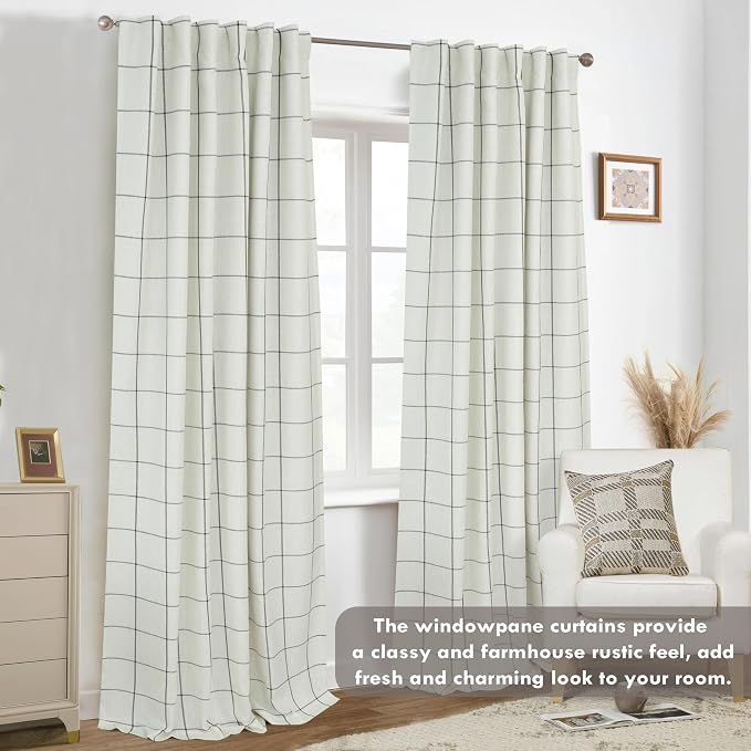 DriftAway 100% Blackout Windowpane Plaid Linen Curtains 36 Inches Black | Double Layer Farmhouse Drapes for Living Room Bedroom Yarn Dyed Woven Thermal Insulated Rod Pocket Back Tab 2 Panels