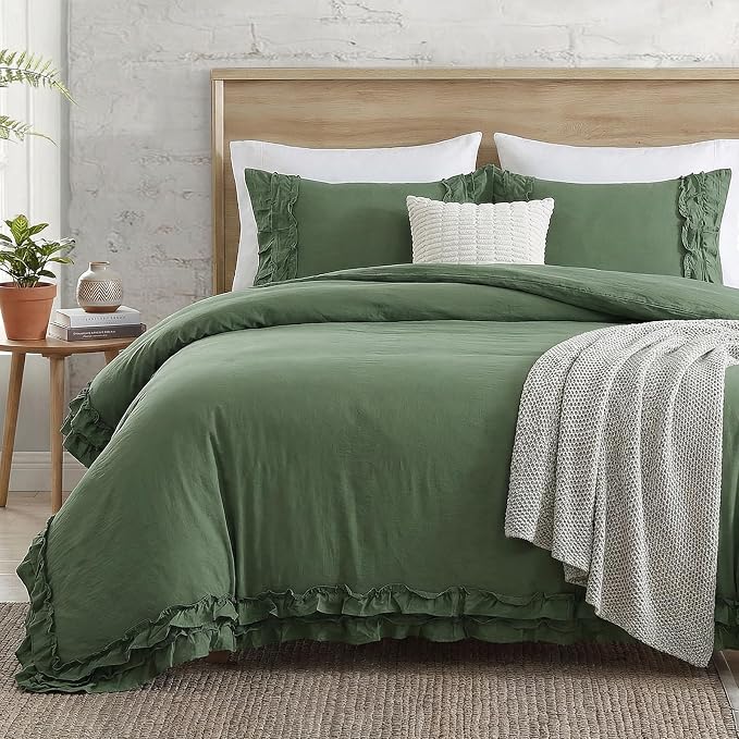 Bedorm Boho Queen Duvet Cover Olive Green Bedding Set Shabby Chic Lace Fringe Ruffle Bedding Super Soft Warm Farmhouse Comforter Cover 3 Pcs Sets