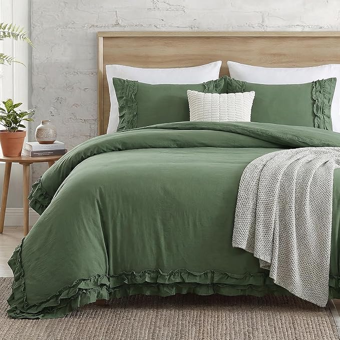 Bedorm Boho King Duvet Cover Olive Green Bedding Set Shabby Chic Lace Fringe Ruffle Bedding Super Soft Warm Farmhouse Comforter Cover 3 Pcs Sets
